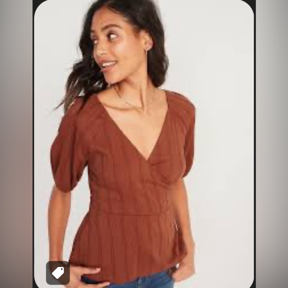 Old Navy Dobby stripe short sleeve wrap top smock back copper - Size M Tall